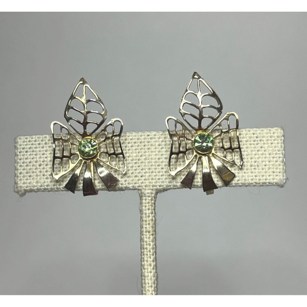 Vintage Filigree Screw Back Earrings With Green Rhinestones